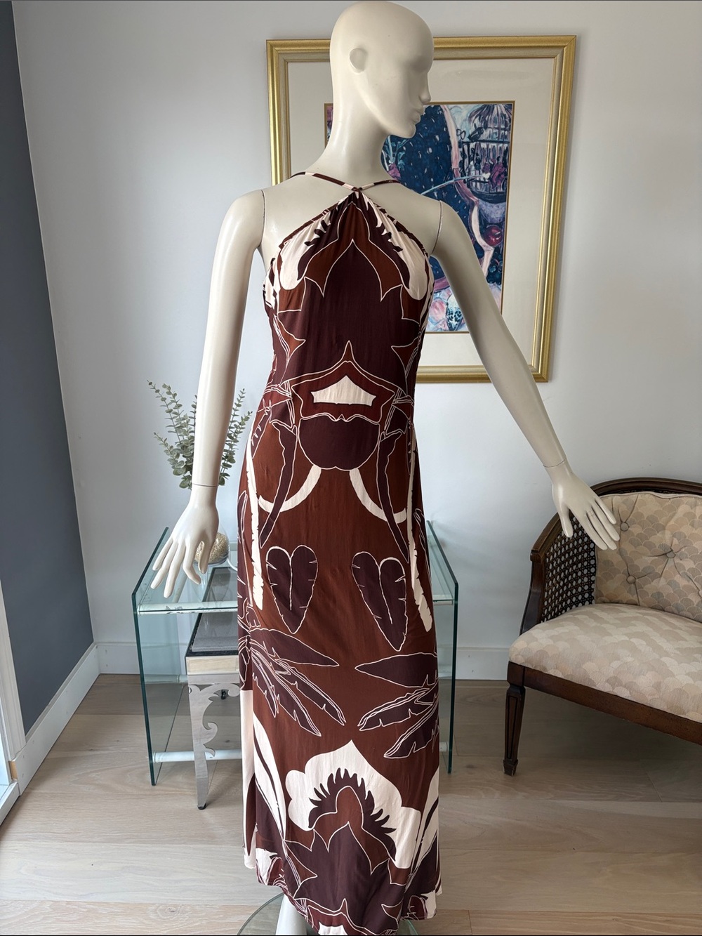Sleeveless Brown & Cream Halter Maxi Dress